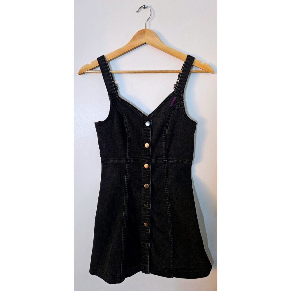 BDG Urban Outfitters Black Denim Mini Dress Button Front Embroidered Small 90s - Picture 2 of 7